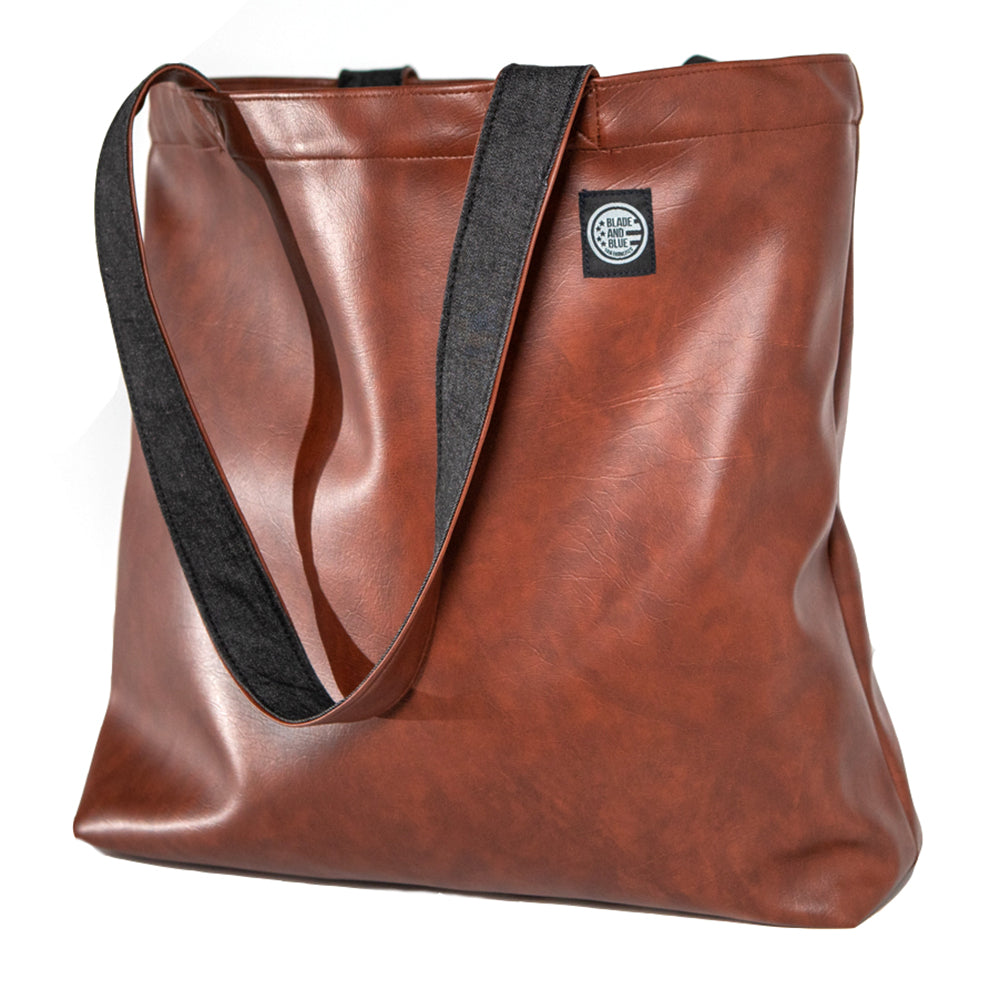 Walnut Brown 'Faux' Leather & Grey Denim Reversible Tote Bag
