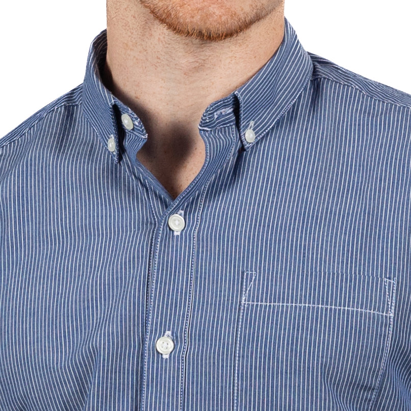 55% OFF AFTER CODE NEWFALL: "BOWERY" -  Medium Blue & White Fine Stripe Cotton Shirt - Made In USA