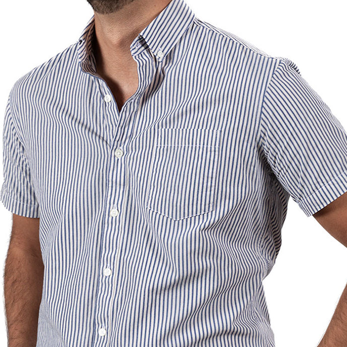 "KRAMDEN" - Indigo Blue & White Japanese Stripe Short Sleeve Shirt - Made In USA