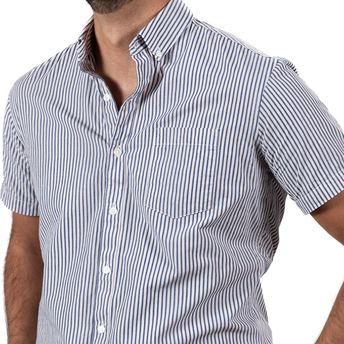 &quot;KRAMDEN&quot; - Indigo Blue &amp; White Japanese Stripe Short Sleeve Shirt - Made In USA