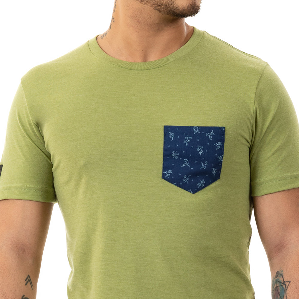 50% OFF AFTER CODE NEWFALL: Green Apple Heather With Japanese Indigo Floral Print Pocket Tee