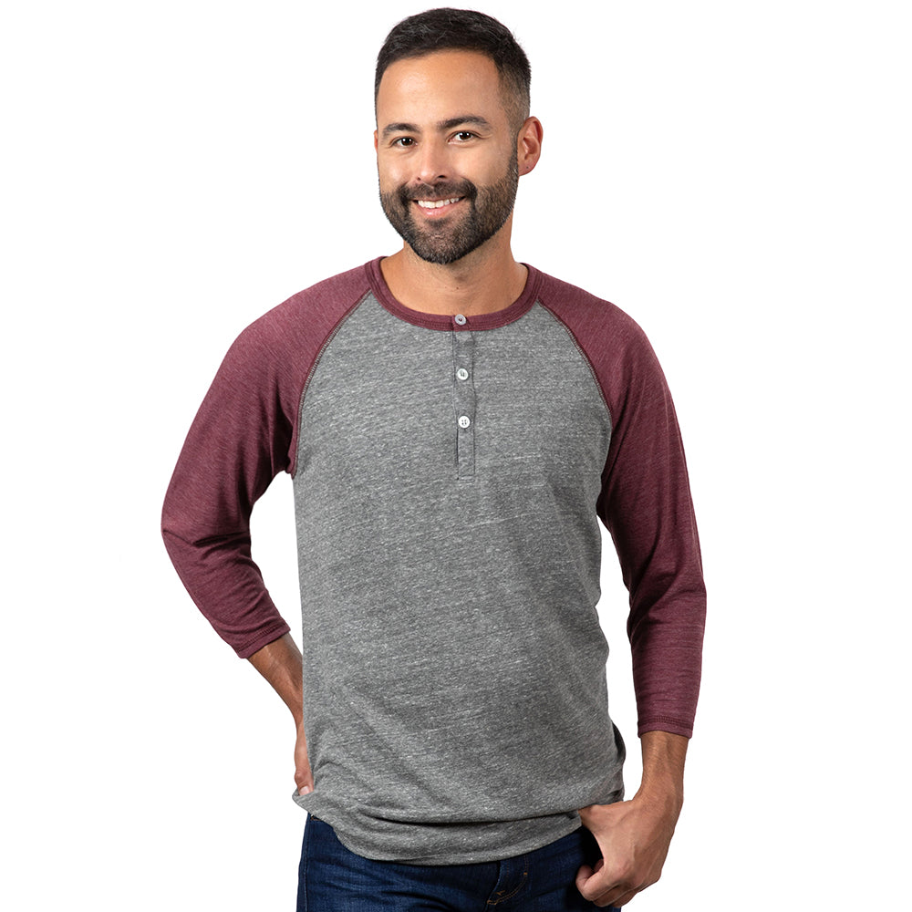 75% OFF AFTER CODE:WOW25 Burgundy & Heather Grey Contrast 3/4 Raglan Sleeve Tri-Blend Henley - Made In USA