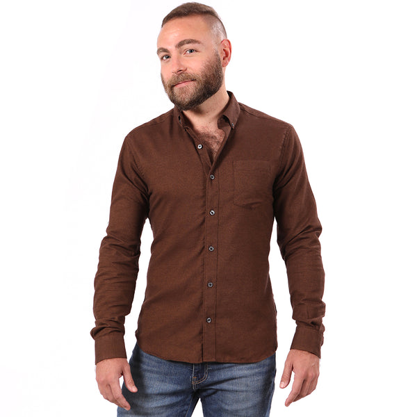 40% OFF AFTER CODE WOW25: "GEORGE" - Chocolate Brown Melange  Brushed Cotton Shirt - Made in USA