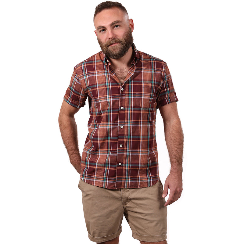 "Rafael" - Burgundy Plaid Short Sleeve Shirt - Made In USA
