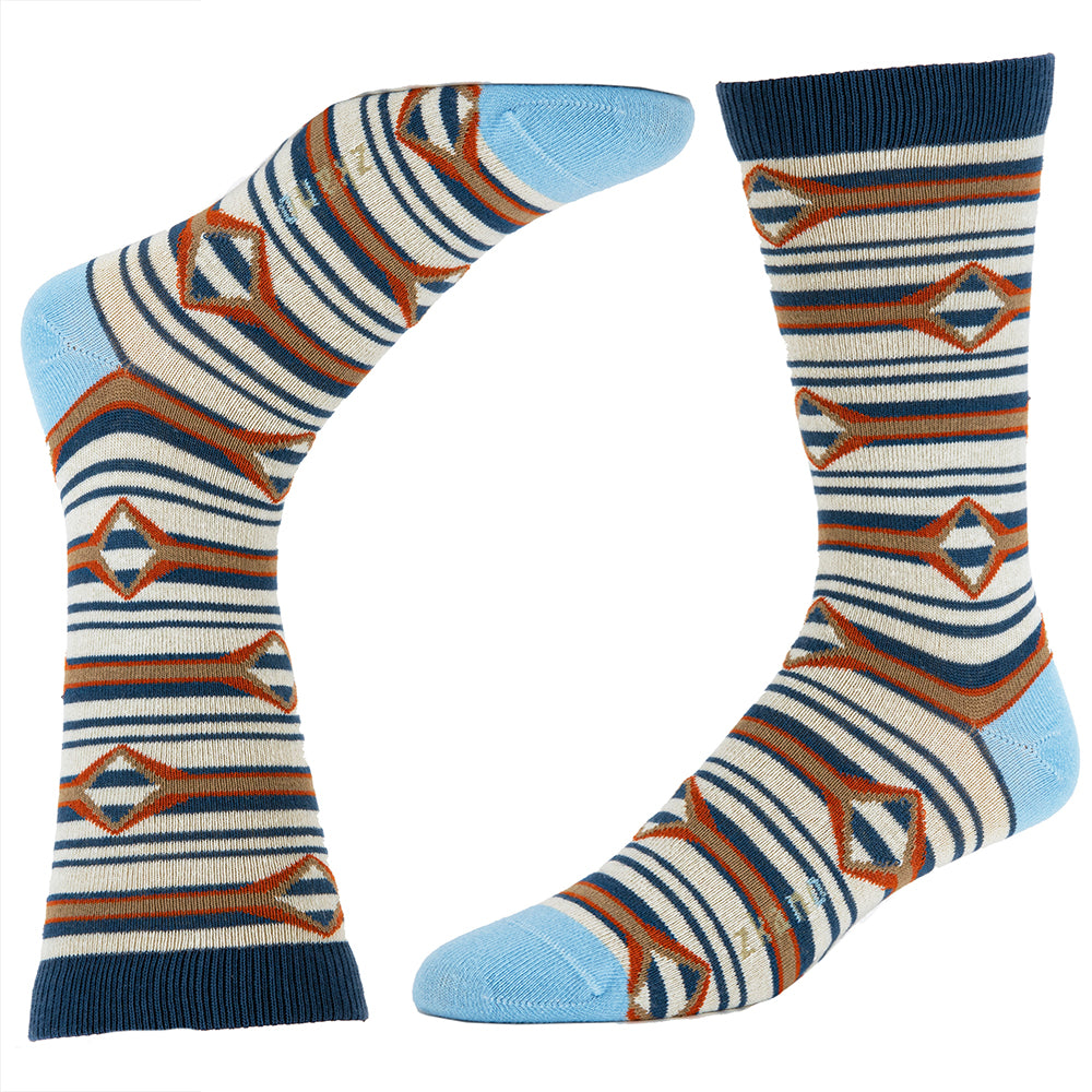 Natural, Navy Blue & Rust Diamond Stripe Pattern Socks