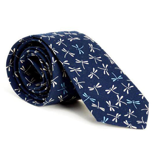 Japanese Indigo Dyed Navy Dragonfly Print Tie - Made In USA