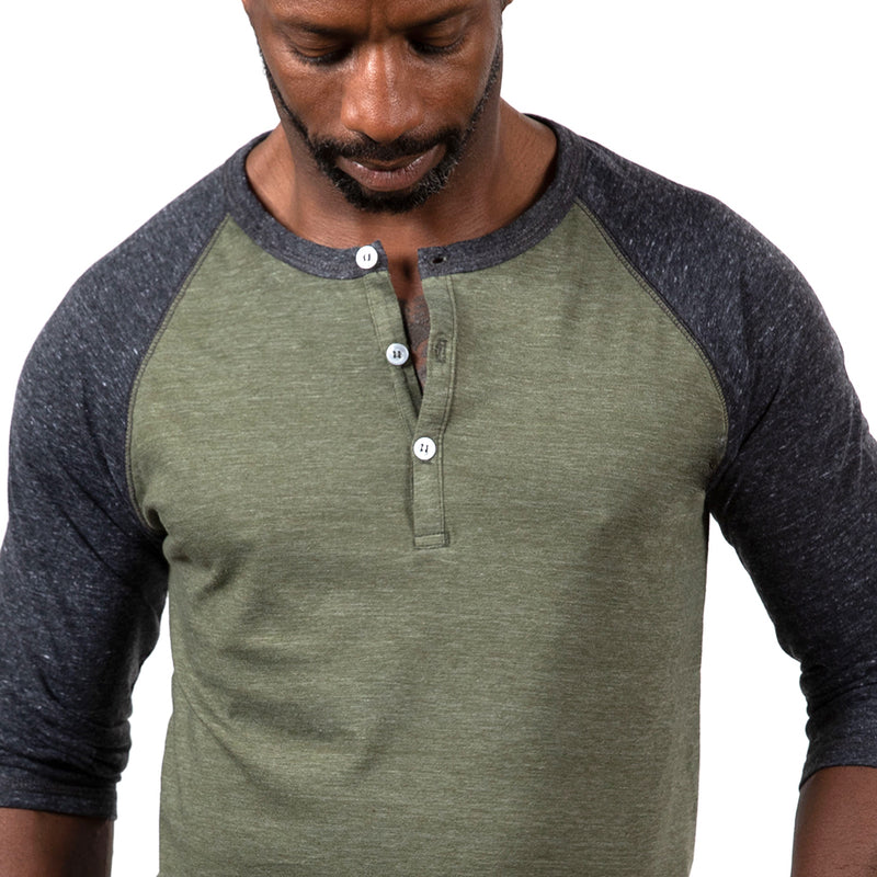 50% OFF AFTER CODE: WOW25 Olive & Charcoal Grey Contrast 3/4 Raglan Sleeve Tri-Blend Henley - Made In USA