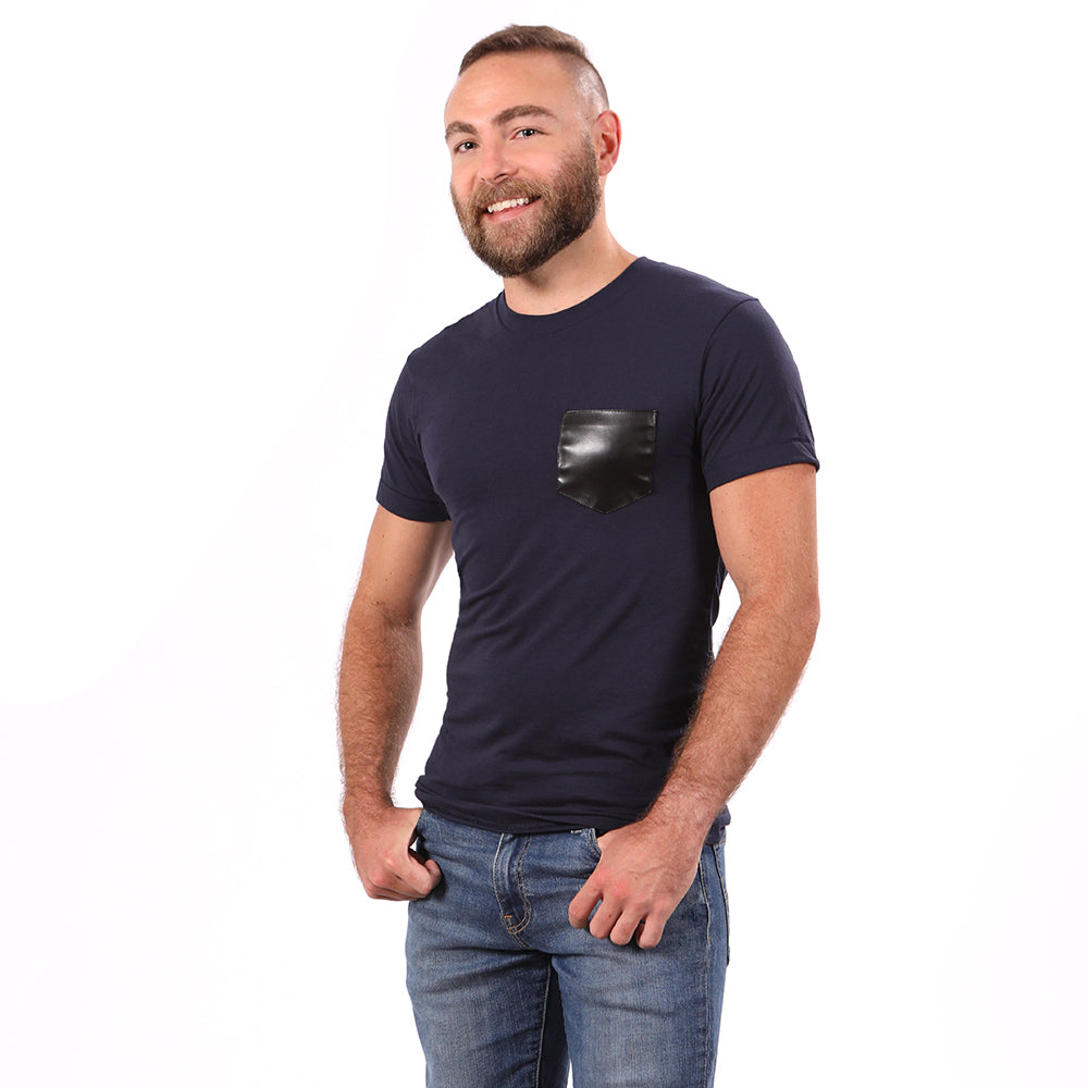 Navy with Black Faux Leather Pocket Tee