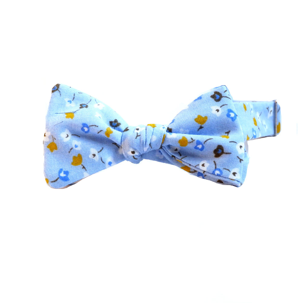 Blue with Gold Ditsy Floral Print Bow Tie