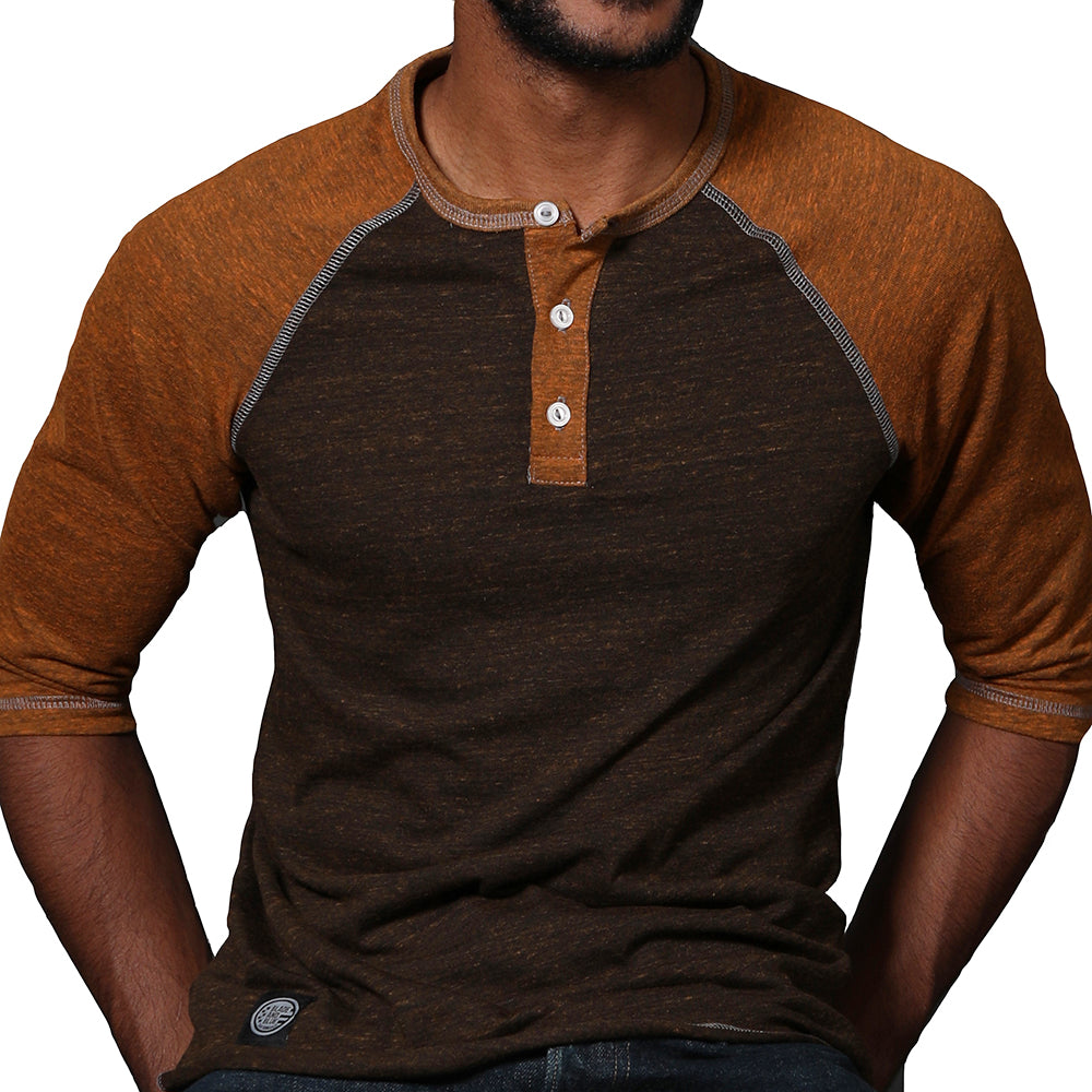 Camel &amp; Chocolate Contrast 3/4 Raglan Sleeve Henley (XL Available)