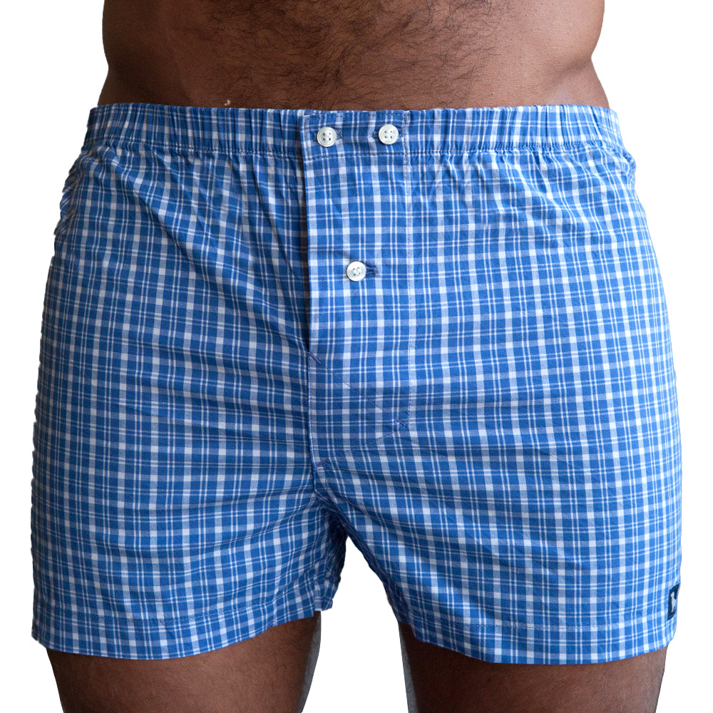 &quot;JOHAN&quot; - Pale Blue &amp; White Plaid Slim Cut Boxer - Made In USA