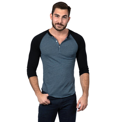 Steel Blue &amp; Black Contrast 3/4 Raglan Sleeve Tri-Blend Henley - Made In USA