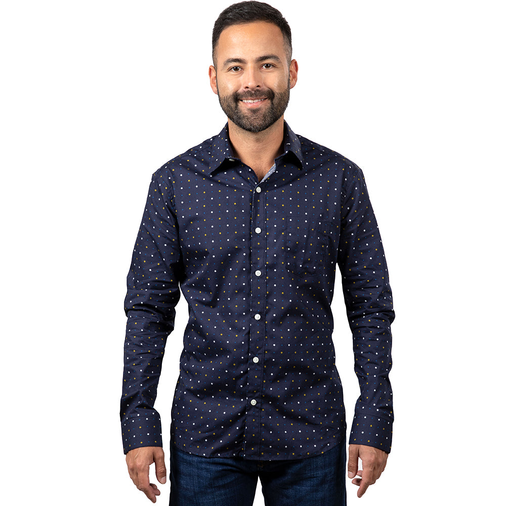 "MOSER" - Navy Blue Mini Japanese Flower Print Shirt - Made In USA