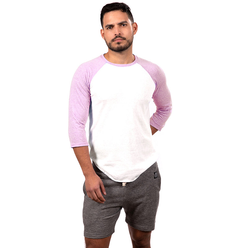40% OFF AFTER CODE NEWFALL: Lavender Heather & White 3/4 Raglan Sleeve Tri-Blend Baseball Tee - Made In USA