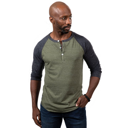 Olive &amp; Charcoal Grey Contrast 3/4 Raglan Sleeve Tri-Blend Henley - Made In USA