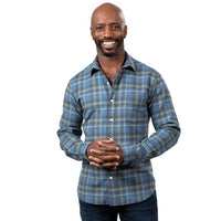 "VAUGHN" - Tonal Blue & Olive Green Flannel Plaid Shirt - Made In USA