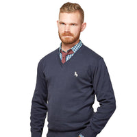 50% OFF AFTER CODE: WOW25 Navy Blue Fine Gauge Cotton V-Neck Sweater