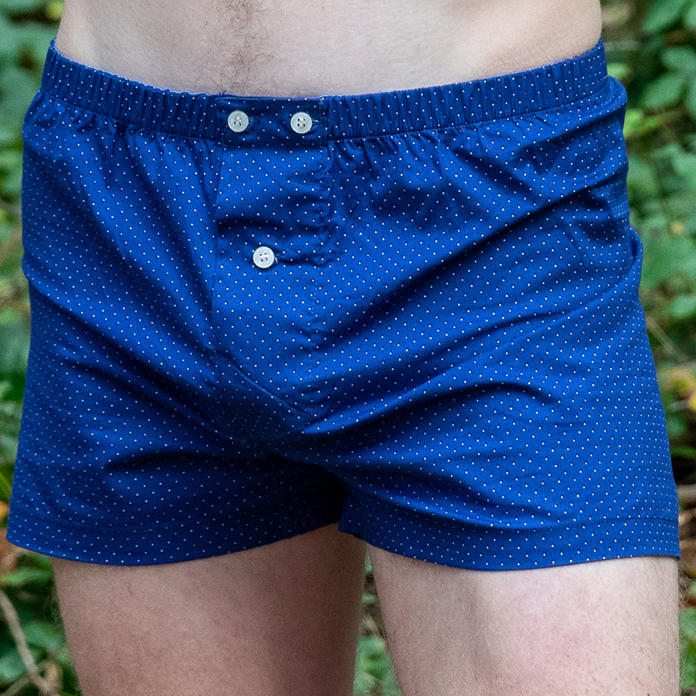 "JUNIOR" - Navy Blue & White Geometric Micro Print Slim-Cut Boxer Short - Made In USA