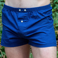 "JUNIOR" - Navy Blue & White Geometric Micro Print Slim-Cut Boxer Short - Made In USA