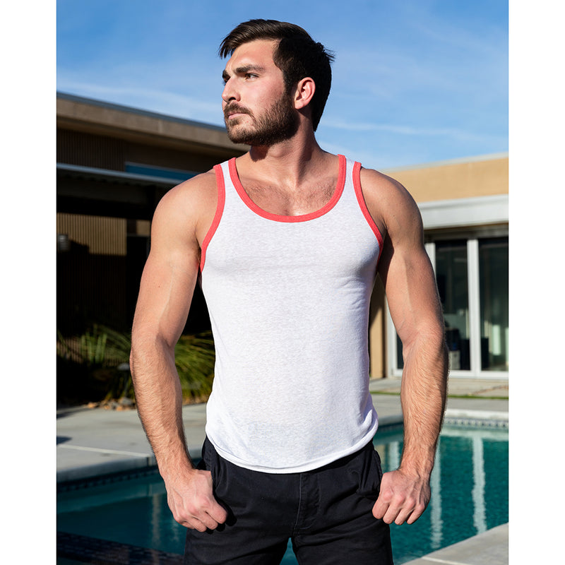 White & Red Tri-Blend Varsity Tank Top - Made In USA