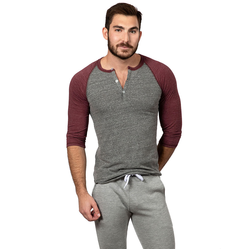 75% OFF AFTER CODE:WOW25 Burgundy & Heather Grey Contrast 3/4 Raglan Sleeve Tri-Blend Henley - Made In USA