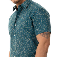 "TEDDY" - Teal Green  Japanese Dragonfly Print Short Sleeve Shirt - Made In USA
