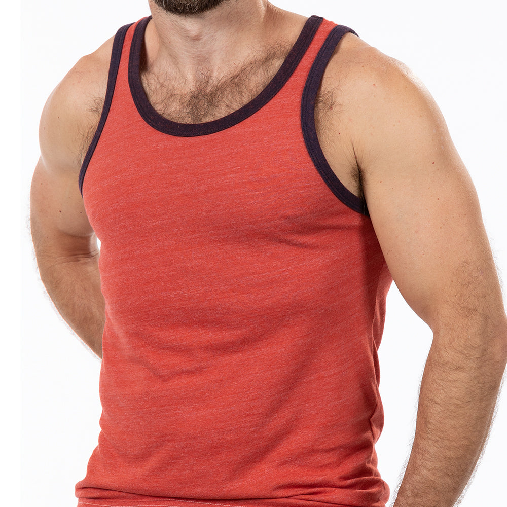 40% OFF AFTER CODE NEWFALL: Tomato Red & Navy Tri-Blend Varsity Tank Top - Made In USA