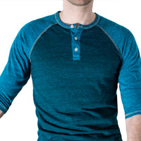 50% OFF AFTER CODE WOW25: Turquoise & Aqua Blue Contrast 3/4 Raglan Sleeve Henley - Made In USA