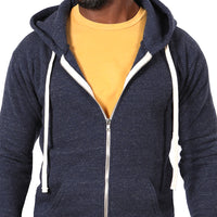 Navy Blue Marled Heather Full Zip Hooded Tri-Blend Fleece Sweatshirt - Made in USA
