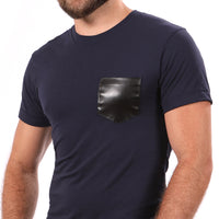 Navy with Black Faux Leather Pocket Tee