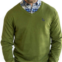 50% OFF AFTER CODE: WOW25: Basil Green Fine Gauge Cotton V-Neck Sweater