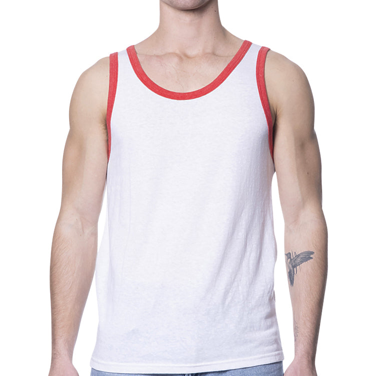 White & Red Tri-Blend Varsity Tank Top - Made In USA