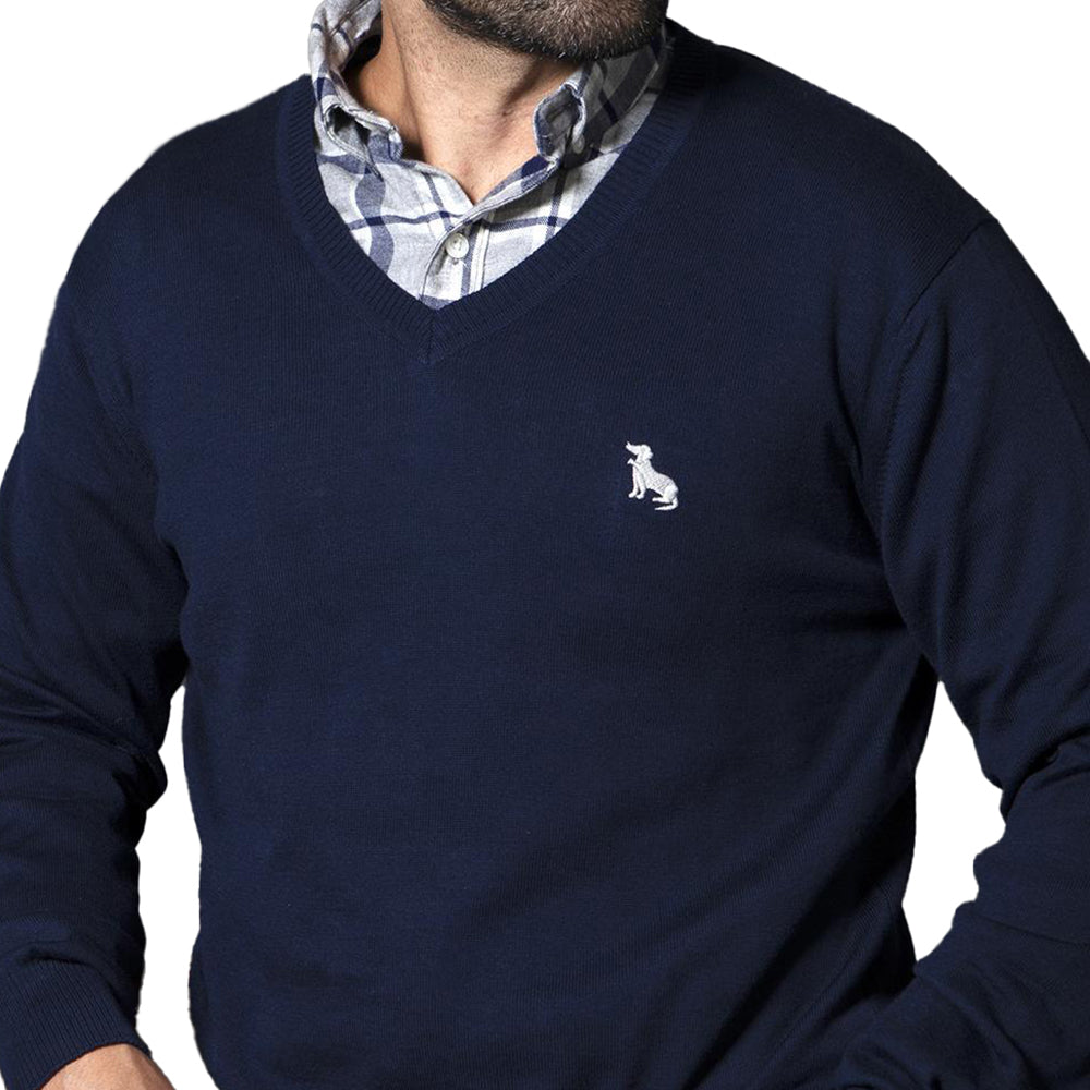 Navy Blue Fine Gauge Cotton V-Neck Sweater