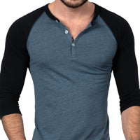 75% OFF AFTER CODE: WOW25 Steel Blue & Black Contrast 3/4 Raglan Sleeve Tri-Blend Henley - Made In USA