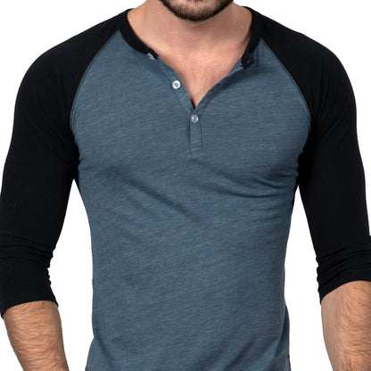 Steel Blue &amp; Black Contrast 3/4 Raglan Sleeve Tri-Blend Henley - Made In USA