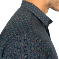 "CLARKSON" - Navy Blue Japanese Geometric Floral Print Shirt - Made In USA