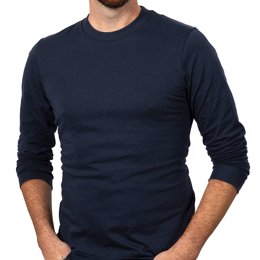 Cotton Navy Blue Long Sleeve Tee - Made in USA