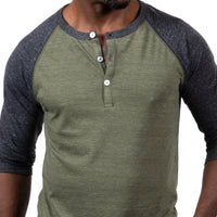 50% OFF AFTER CODE: WOW25 Olive & Charcoal Grey Contrast 3/4 Raglan Sleeve Tri-Blend Henley - Made In USA