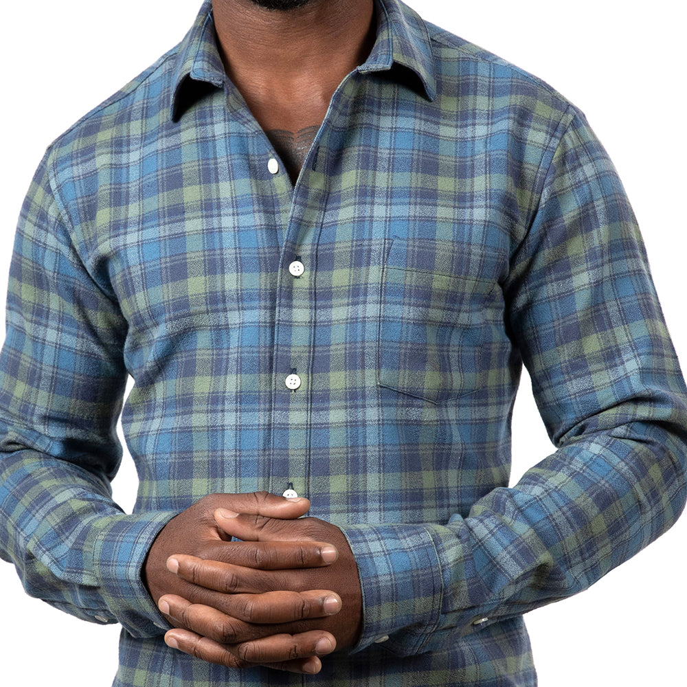 "VAUGHN" - Tonal Blue & Olive Green Flannel Plaid Shirt - Made In USA