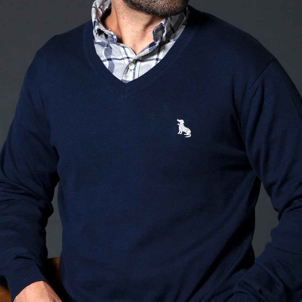 Navy Blue Fine Gauge Cotton V-Neck Sweater