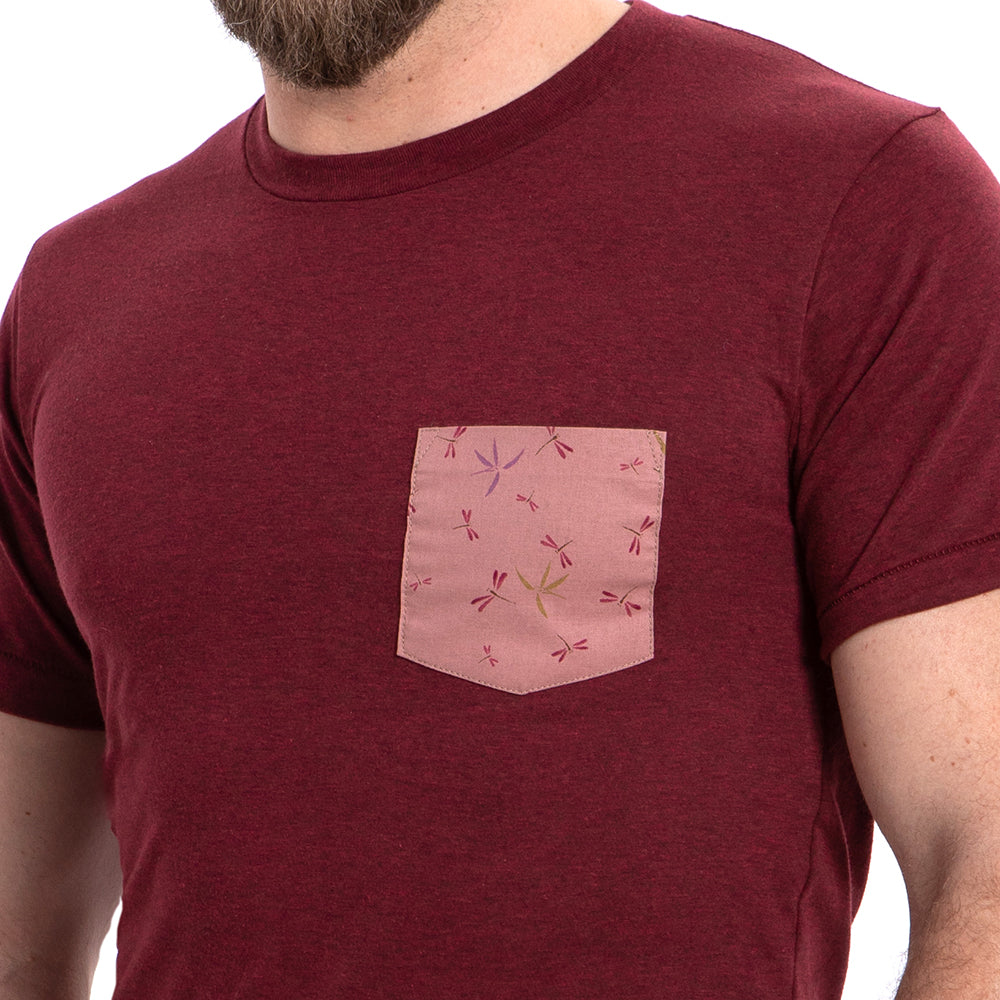 Burgundy Heather with Pink Dragonflies Print Pocket Tee - Made In USA (SIZE L)