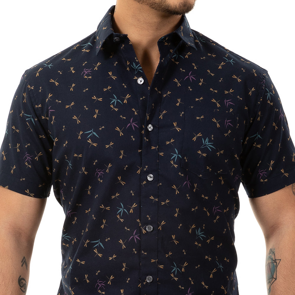 "PIERRE" - Navy Blue Japanese Dragonfly Print Short Sleeve Shirt - Made In USA