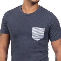 Blue Heather with Navy & Cream Stripe Pocket Tee - Made In USA