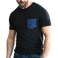 Black with Blue Japanese Starburst Print Pocket Tee - Made In USA