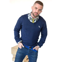 Navy Blue Fine Gauge Cotton V-Neck Sweater