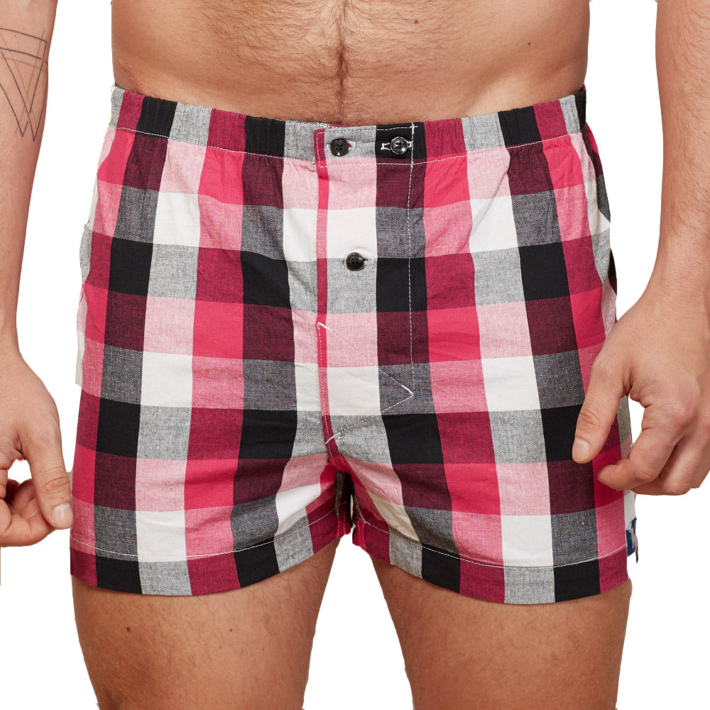 &quot;ROSS&quot; - Pink, White &amp; Black Plaid Slim-Cut Boxer Short - Made In USA