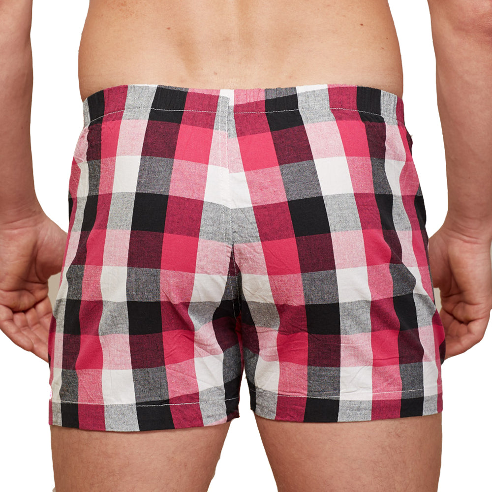 &quot;ROSS&quot; - Pink, White &amp; Black Plaid Slim-Cut Boxer Short - Made In USA