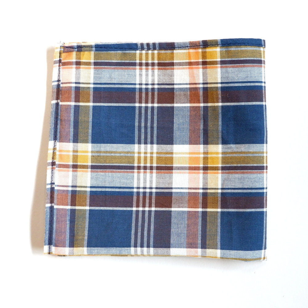 Royal Blue, Gold & Coral Plaid Cotton Pocket Square
