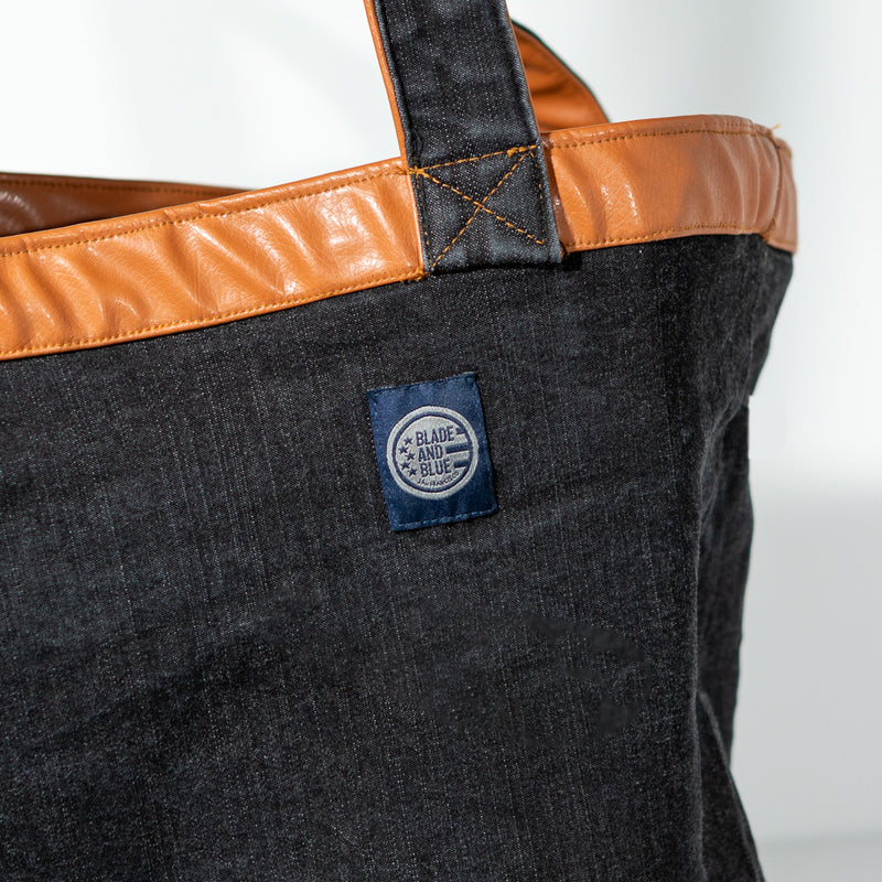 Natural Tan 'Faux' Leather & Grey Denim Reversible Tote Bag