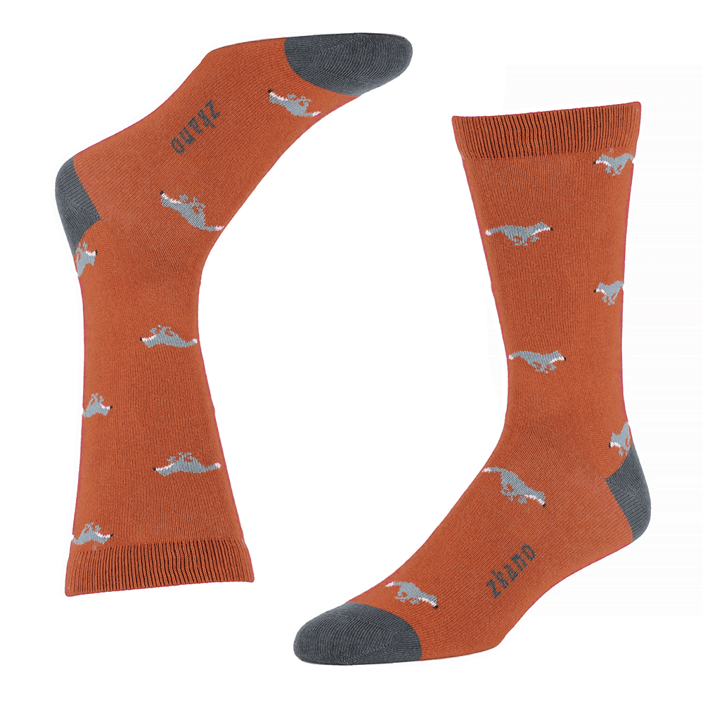 "Foxy" - Running Foxes Pattern On Burnt Orange Socks - Made In USA